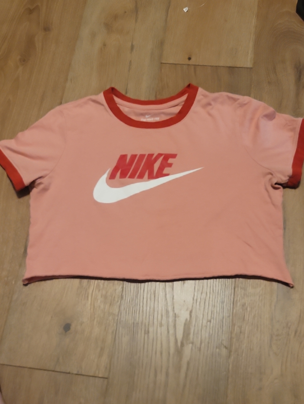 Nike Pink Crop Tee with Red Trim and White Swoosh Medium